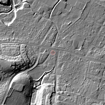 Shaded relief map of the ground around BH119AB, computed from Environment Agency LiDAR. The ground here sits at about 15 m above sea level and falls 20 m across the surrounding 800 m. Surface water reaching this point runs off ground lying to the south-west, 10.5 m higher.