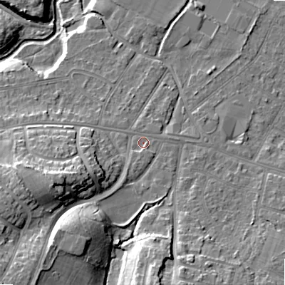 Shaded relief map of the ground around BH119AD, computed from Environment Agency LiDAR. The ground here sits at about 15 m above sea level and falls 20 m across the surrounding 800 m. Surface water reaching this point runs off ground lying to the south-west, 10.5 m higher.