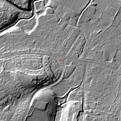 Shaded relief map of the ground around BH119AE, computed from Environment Agency LiDAR. The ground here sits at about 15 m above sea level and falls 20 m across the surrounding 800 m. Surface water reaching this point runs off ground lying to the west-south-west, 13.9 m higher.