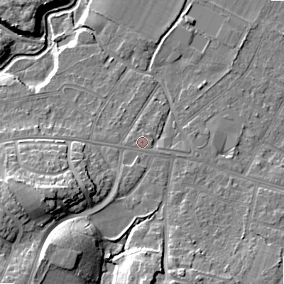 Shaded relief map of the ground around BH119AP, computed from Environment Agency LiDAR. The ground here sits at about 15 m above sea level and falls 19 m across the surrounding 800 m. The ground contributing surface water to this point lies to the east.