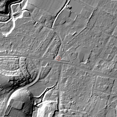 Shaded relief map of the ground around BH119AW, computed from Environment Agency LiDAR. The ground here sits at about 15 m above sea level and falls 19 m across the surrounding 800 m. Surface water reaching this point runs off ground lying to the south-south-west, 1.4 m higher.