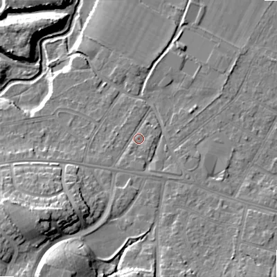 Shaded relief map of the ground around BH119BN, computed from Environment Agency LiDAR. The ground here sits at about 14 m above sea level and falls 19 m across the surrounding 800 m. Surface water reaching this point runs off ground lying to the south-west, 1.4 m higher.