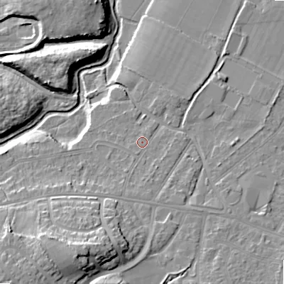 Shaded relief map of the ground around BH119BP, computed from Environment Agency LiDAR. The ground here sits at about 14 m above sea level and falls 20 m across the surrounding 800 m. Surface water reaching this point runs off ground lying to the south-south-west, 13.9 m higher.