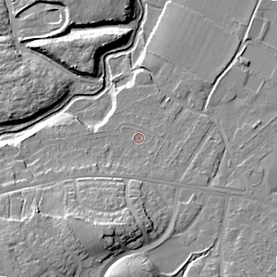 Shaded relief map of the ground around BH119BS, computed from Environment Agency LiDAR. The ground here sits at about 14 m above sea level and falls 21 m across the surrounding 800 m. Surface water reaching this point runs off ground lying to the south-east, 1.0 m higher.