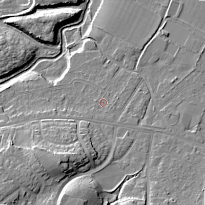 Shaded relief map of the ground around BH119BW, computed from Environment Agency LiDAR. The ground here sits at about 14 m above sea level and falls 21 m across the surrounding 800 m. Surface water reaching this point runs off ground lying to the south-west, 15.0 m higher.