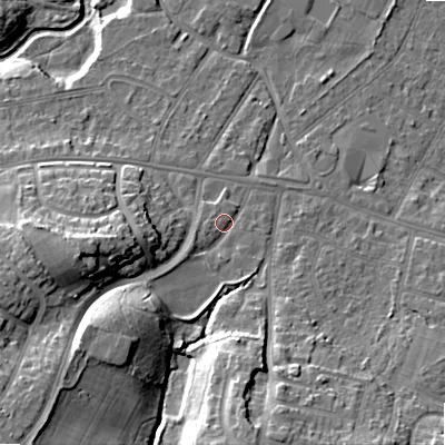 Shaded relief map of the ground around BH119DG, computed from Environment Agency LiDAR. The ground here sits at about 16 m above sea level and falls 20 m across the surrounding 800 m. Surface water reaching this point runs off ground lying to the south-west, 10.3 m higher.