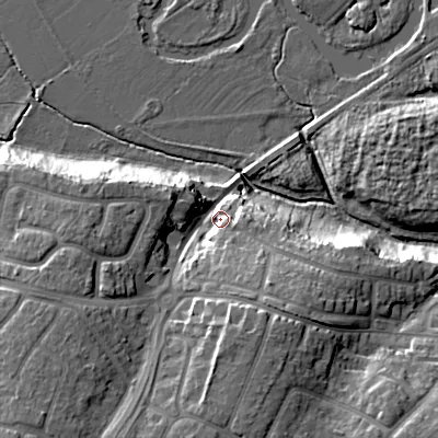 Shaded relief map of the ground around BH119JZ, computed from Environment Agency LiDAR. The ground here sits at about 18 m above sea level and falls 22 m across the surrounding 800 m. Surface water reaching this point runs off ground lying to the south-west, 16.5 m higher.