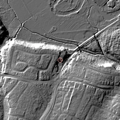 Shaded relief map of the ground around BH119LG, computed from Environment Agency LiDAR. The ground here sits at about 21 m above sea level and falls 22 m across the surrounding 800 m. Surface water reaching this point runs off ground lying to the south-west, 9.2 m higher.