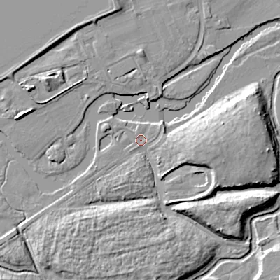 Shaded relief map of the ground around BH119LQ, computed from Environment Agency LiDAR. The ground here sits at about 11 m above sea level and falls 12 m across the surrounding 800 m. Surface water reaching this point runs off ground lying to the west-north-west, 2.5 m higher.