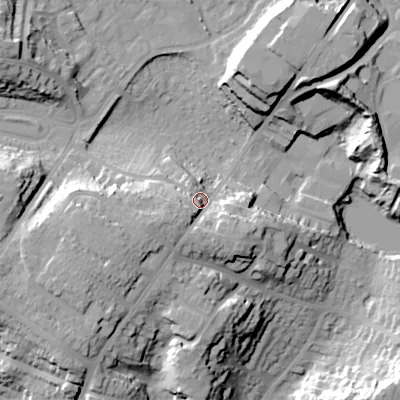Shaded relief map of the ground around BH124AW, computed from Environment Agency LiDAR. The ground here sits at about 43 m above sea level and falls 29 m across the surrounding 800 m. Surface water reaching this point runs off ground lying to the west-south-west, 12.4 m higher.