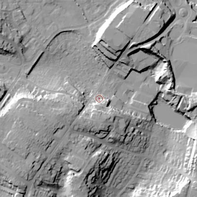 Shaded relief map of the ground around BH124AX, computed from Environment Agency LiDAR. The ground here sits at about 36 m above sea level and falls 29 m across the surrounding 800 m. Surface water reaching this point runs off ground lying to the west-south-west, 17.5 m higher.