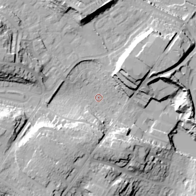 Shaded relief map of the ground around BH124BD, computed from Environment Agency LiDAR. The ground here sits at about 33 m above sea level and falls 28 m across the surrounding 800 m. Surface water reaching this point runs off ground lying to the south-west, 22.2 m higher.