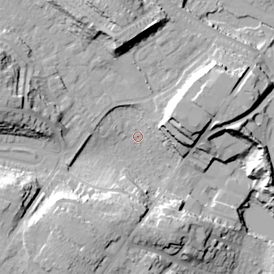 Shaded relief map of the ground around BH124BE, computed from Environment Agency LiDAR. The ground here sits at about 34 m above sea level and falls 28 m across the surrounding 800 m. Surface water reaching this point runs off ground lying to the north-north-west, 21.4 m higher.