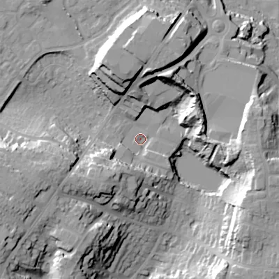 Shaded relief map of the ground around BH124BG, computed from Environment Agency LiDAR. The ground here sits at about 32 m above sea level and falls 29 m across the surrounding 800 m. Surface water reaching this point runs off ground lying to the south-west, 15.5 m higher.