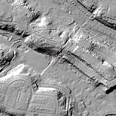 Shaded relief map of the ground around BH124BX, computed from Environment Agency LiDAR. The ground here sits at about 44 m above sea level and falls 24 m across the surrounding 800 m. Surface water reaching this point runs off ground lying to the north-east, 12.8 m higher.