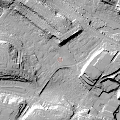 Shaded relief map of the ground around BH124DE, computed from Environment Agency LiDAR. The ground here sits at about 37 m above sea level and falls 28 m across the surrounding 800 m. Surface water reaching this point runs off ground lying to the north-north-west, 18.6 m higher.