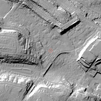 Shaded relief map of the ground around BH124DG, computed from Environment Agency LiDAR. The ground here sits at about 37 m above sea level and falls 24 m across the surrounding 800 m. Surface water reaching this point runs off ground lying to the west, 13.9 m higher.