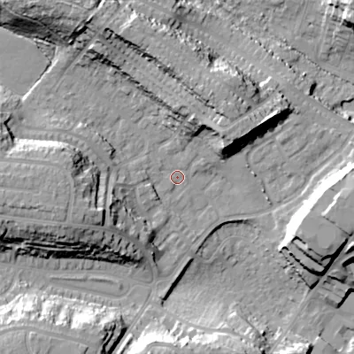 Shaded relief map of the ground around BH124DQ, computed from Environment Agency LiDAR. The ground here sits at about 37 m above sea level and falls 25 m across the surrounding 800 m. Surface water reaching this point runs off ground lying to the north-west, 19.0 m higher.