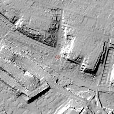 Shaded relief map of the ground around BH125DU, computed from Environment Agency LiDAR. The ground here sits at about 38 m above sea level and falls 26 m across the surrounding 800 m. Surface water reaching this point runs off ground lying to the north-north-west, 18.4 m higher.