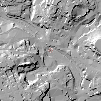 Shaded relief map of the ground around BH12AQ, computed from Environment Agency LiDAR. The ground here sits at about 5 m above sea level and falls 37 m across the surrounding 800 m. Surface water reaching this point runs off ground lying to the south-west, 36.7 m higher.