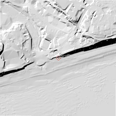 Shaded relief map of the ground around BH12EZ, computed from Environment Agency LiDAR. The ground here sits at about 4 m above sea level and falls 40 m across the surrounding 800 m. Surface water reaching this point runs off ground lying to the east-north-east, 14.1 m higher.