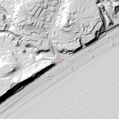 Shaded relief map of the ground around BH136LP, computed from Environment Agency LiDAR. The ground here sits at about 5 m above sea level and falls 40 m across the surrounding 800 m. Surface water reaching this point runs off ground lying to the west-south-west, 34.1 m higher.