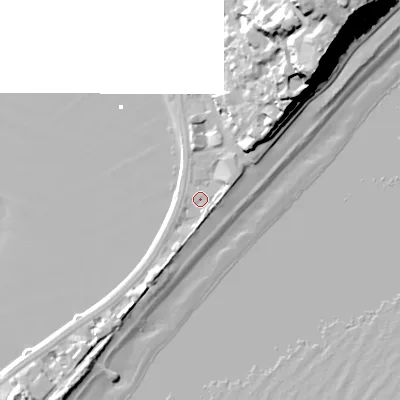 Shaded relief map of the ground around BH137AY, computed from Environment Agency LiDAR. The ground here sits at about 2 m above sea level and falls 31 m across the surrounding 800 m. Surface water reaching this point runs off ground lying to the north-east, 2.5 m higher.