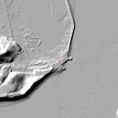 Shaded relief map of the ground around BH137EE, computed from Environment Agency LiDAR. The ground here sits at about 1 m above sea level and falls 25 m across the surrounding 800 m. Surface water reaching this point runs off ground lying to the east-south-east, 1.7 m higher.