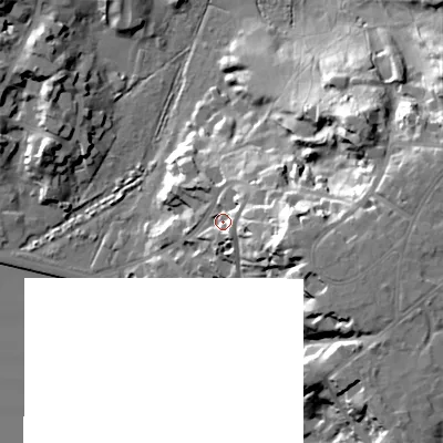 Shaded relief map of the ground around BH137NW, computed from Environment Agency LiDAR. The ground here sits at about 13 m above sea level and falls 32 m across the surrounding 800 m. Surface water reaching this point runs off ground lying to the east, 18.4 m higher.
