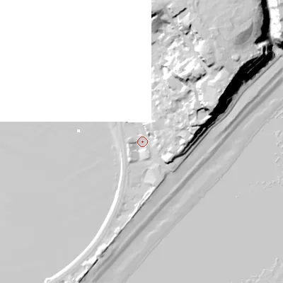 Shaded relief map of the ground around BH137PJ, computed from Environment Agency LiDAR. The ground here sits at about 2 m above sea level and falls 32 m across the surrounding 800 m. Surface water reaching this point runs off ground lying to the east-north-east, 25.4 m higher.