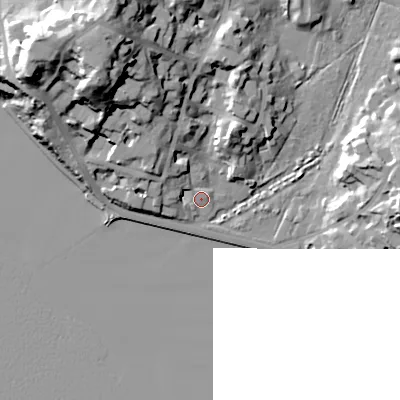 Shaded relief map of the ground around BH137PQ, computed from Environment Agency LiDAR. The ground here sits at about 2 m above sea level and falls 31 m across the surrounding 800 m. Surface water reaching this point runs off ground lying to the north-north-west, 12.2 m higher.