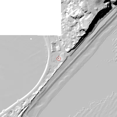 Shaded relief map of the ground around BH137PS, computed from Environment Agency LiDAR. The ground here sits at about 1 m above sea level and falls 32 m across the surrounding 800 m. Surface water reaching this point runs off ground lying to the north-east, 2.6 m higher.
