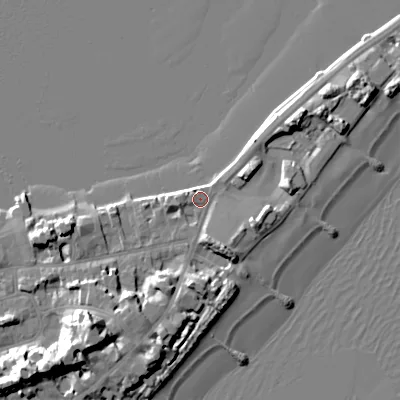 Shaded relief map of the ground around BH137QB, computed from Environment Agency LiDAR. The ground here sits at about 3 m above sea level and falls 18 m across the surrounding 800 m. Surface water reaching this point runs off ground lying to the south-south-west, 6.9 m higher.