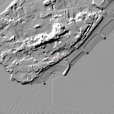 Shaded relief map of the ground around BH137QH, computed from Environment Agency LiDAR. The ground here sits at about 4 m above sea level and falls 18 m across the surrounding 800 m. Surface water reaching this point runs off ground lying to the south-west, 4.2 m higher.