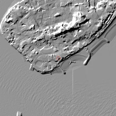 Shaded relief map of the ground around BH137QJ, computed from Environment Agency LiDAR. The ground here sits at about 5 m above sea level and falls 18 m across the surrounding 800 m. Surface water reaching this point runs off ground lying to the north-west, 0.8 m higher.