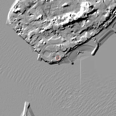 Shaded relief map of the ground around BH137QL, computed from Environment Agency LiDAR. The ground here sits at about 2 m above sea level and falls 18 m across the surrounding 800 m. Surface water reaching this point runs off ground lying to the north, 4.1 m higher.