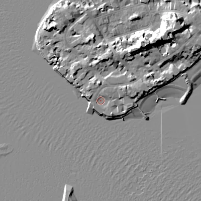 Shaded relief map of the ground around BH137QN, computed from Environment Agency LiDAR. The ground here sits at about 2 m above sea level and falls 18 m across the surrounding 800 m. Surface water reaching this point runs off ground lying to the east-north-east, 3.6 m higher.