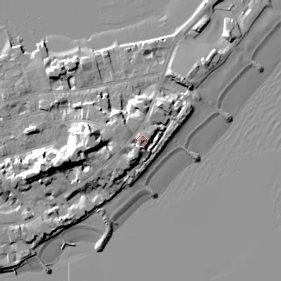 Shaded relief map of the ground around BH137QQ, computed from Environment Agency LiDAR. The ground here sits at about 9 m above sea level and falls 18 m across the surrounding 800 m. Surface water reaching this point runs off ground lying to the west, 8.4 m higher.
