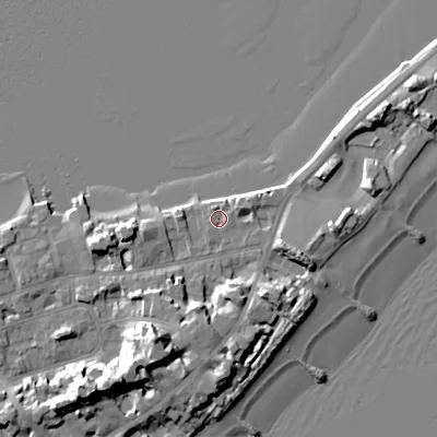 Shaded relief map of the ground around BH137RD, computed from Environment Agency LiDAR. The ground here sits at about 2 m above sea level and falls 18 m across the surrounding 800 m. Surface water reaching this point runs off ground lying to the south-south-west, 13.4 m higher.