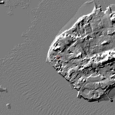 Shaded relief map of the ground around BH137RG, computed from Environment Agency LiDAR. The ground here sits at about 3 m above sea level and falls 17 m across the surrounding 800 m. Surface water reaching this point runs off ground lying to the south, 2.9 m higher.