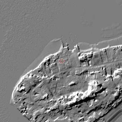 Shaded relief map of the ground around BH137RL, computed from Environment Agency LiDAR. The ground here sits at about 2 m above sea level and falls 18 m across the surrounding 800 m. Surface water reaching this point runs off ground lying to the west-south-west, 2.1 m higher.