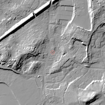 Shaded relief map of the ground around BH148BT, computed from Environment Agency LiDAR. The ground here sits at about 3 m above sea level and falls 26 m across the surrounding 800 m. Surface water reaching this point runs off ground lying to the north-east, 23.0 m higher.
