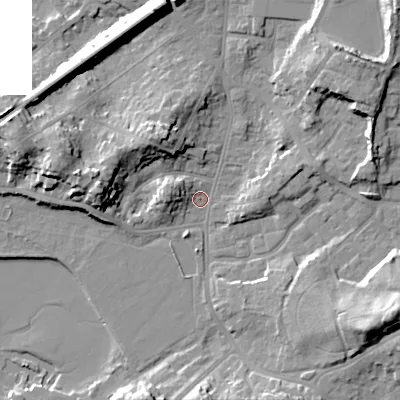 Shaded relief map of the ground around BH148DB, computed from Environment Agency LiDAR. The ground here sits at about 2 m above sea level and falls 20 m across the surrounding 800 m. Surface water reaching this point runs off ground lying to the west, 11.7 m higher.