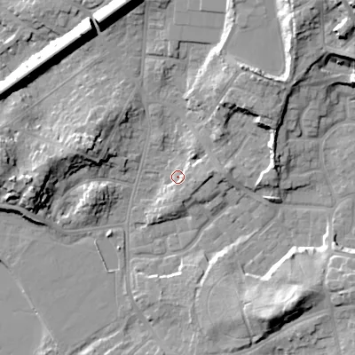 Shaded relief map of the ground around BH148DR, computed from Environment Agency LiDAR. The ground here sits at about 4 m above sea level and falls 26 m across the surrounding 800 m. Surface water reaching this point runs off ground lying to the east-south-east, 3.6 m higher.
