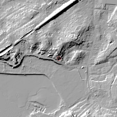 Shaded relief map of the ground around BH148DU, computed from Environment Agency LiDAR. The ground here sits at about 8 m above sea level and falls 18 m across the surrounding 800 m. Surface water reaching this point runs off ground lying to the north-north-west, 7.8 m higher.