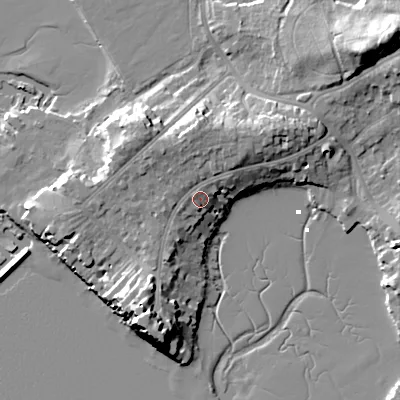 Shaded relief map of the ground around BH148EE, computed from Environment Agency LiDAR. The ground here sits at about 6 m above sea level and falls 16 m across the surrounding 800 m. Surface water reaching this point runs off ground lying to the north-east, 0.9 m higher.