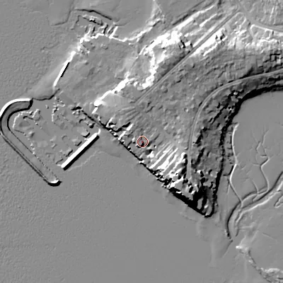 Shaded relief map of the ground around BH148EH, computed from Environment Agency LiDAR. The ground here sits at about 5 m above sea level and falls 14 m across the surrounding 800 m. Surface water reaching this point runs off ground lying to the north-north-west, 2.2 m higher.