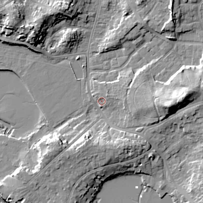 Shaded relief map of the ground around BH148EJ, computed from Environment Agency LiDAR. The ground here sits at about 3 m above sea level and falls 16 m across the surrounding 800 m. Surface water reaching this point runs off ground lying to the north-east, 2.4 m higher.