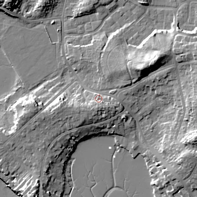 Shaded relief map of the ground around BH148EN, computed from Environment Agency LiDAR. The ground here sits at about 6 m above sea level and falls 16 m across the surrounding 800 m. Surface water reaching this point runs off ground lying to the south, 4.8 m higher.