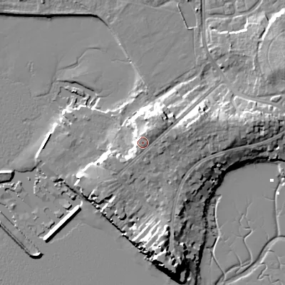 Shaded relief map of the ground around BH148EQ, computed from Environment Agency LiDAR. The ground here sits at about 8 m above sea level and falls 14 m across the surrounding 800 m. Surface water reaching this point runs off ground lying to the north-east, 2.7 m higher.